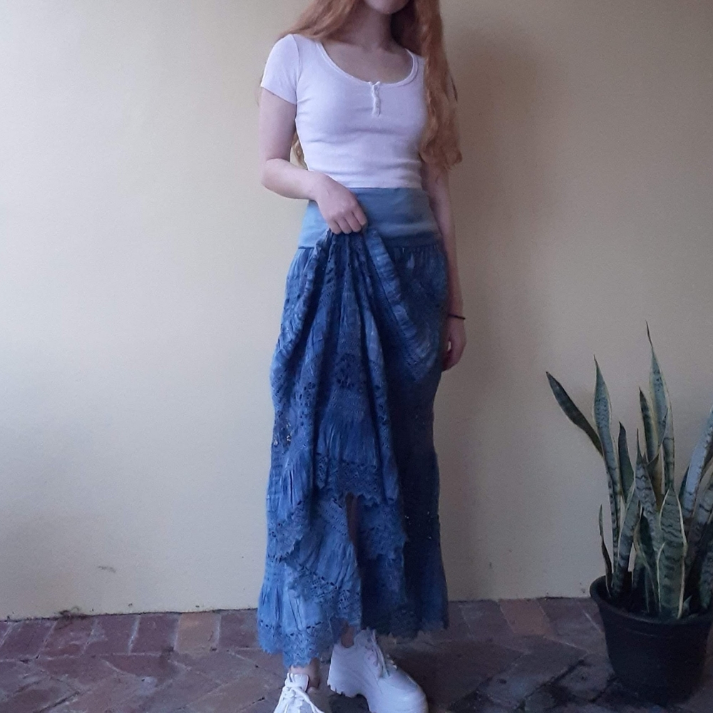 Boho Indigo Ocean Blue Lace Maxi Skirt